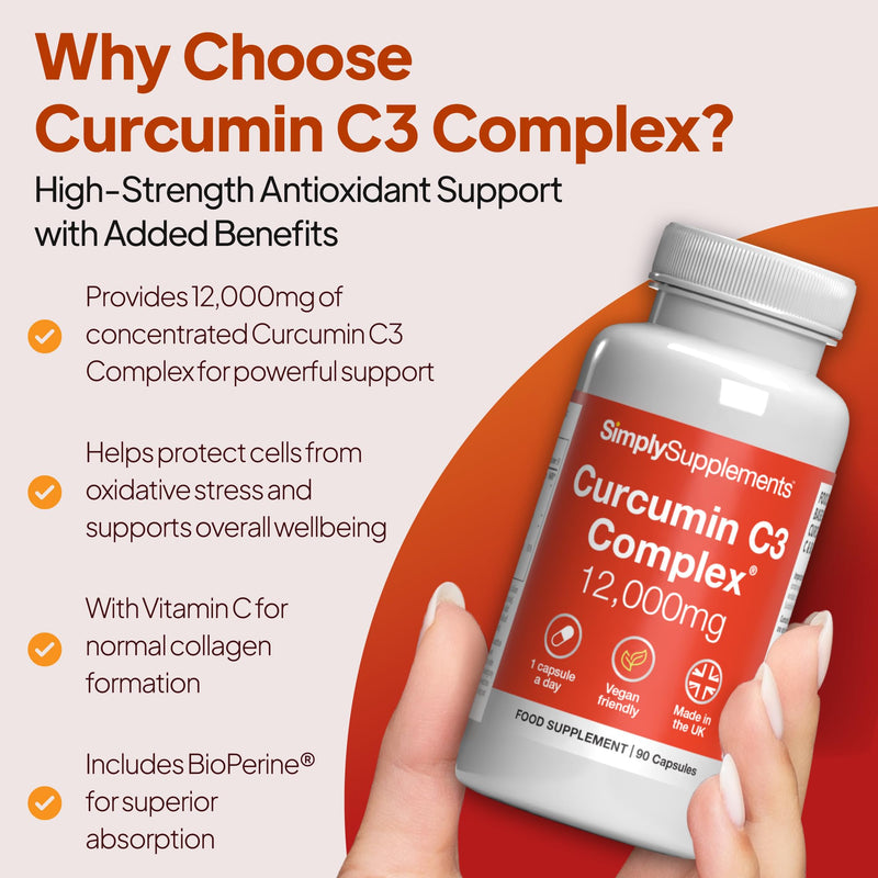 Curcumin C3 Complex 12,000mg with Bioperine & Vitamin C | 190mg Curcuminoids | High-Strength Turmeric Extract | Vegan & Vegetarian Friendly | 90 Capsules | UK-Made, GMP Certified Unflavoured 1 count (Pack of 90)