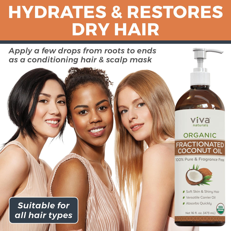 [Australia] - Viva Naturals Organic Fractionated Coconut Oil - Skin & Hair Moisturizer, Relaxing Massage and Body Oil, Carrier Oil for Essential Oils Mixing, Pure Non-Greasy Coconut Oil for Skin and Hair, 16 fl oz 