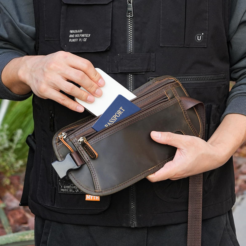 Polare Leather Money Belt Hidden Passport Holder Travel Pouch, AirTag Slot | Full Grain Cowhide Leather, RFID Protection, Travel Passport Wallet, Slim Undercover Waist Bag
