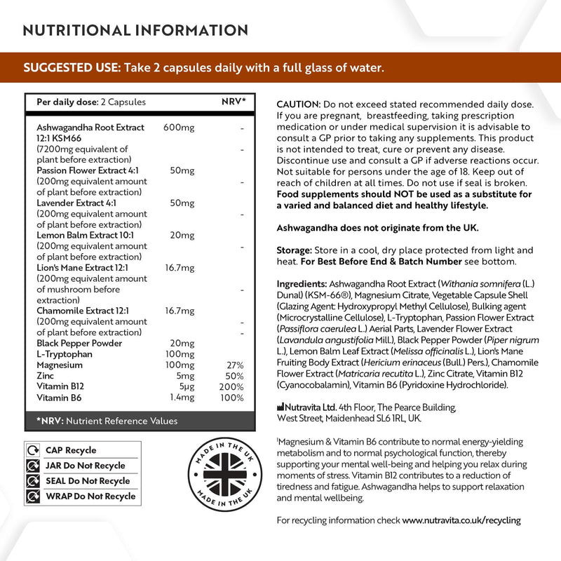 Nutravita Ashwagandha KSM-66 7200mg Before Extraction, Relax Complex with Magnesium, Lion's Mane L-Tryptopha, Supports Relaxation, Mental Wellbeing & Reduction in Fatigue - 120 Capsules