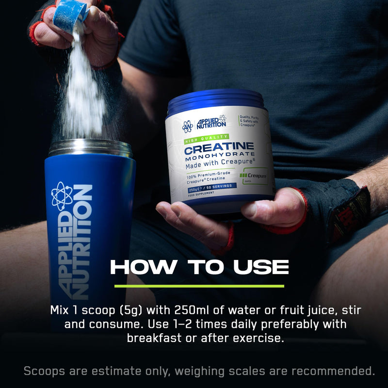 Applied Nutrition – Creatine Monohydrate – Made with Creapure® – Best Premium-Grade Creatine – Best Performance & Strength Support – Increased Energy & Endurance – (250g – 50 Servings) (Unflavoured)
