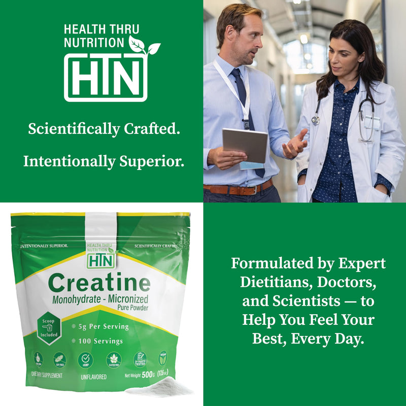 Health Thru Nutrition Creatine Monohydrate Micronized Powder – 500g Pure Unflavored – 5g Per Scoop – Workout Support, Muscle Fuel and Recovery Bulk Supplement | Non-GMO, Vegan
