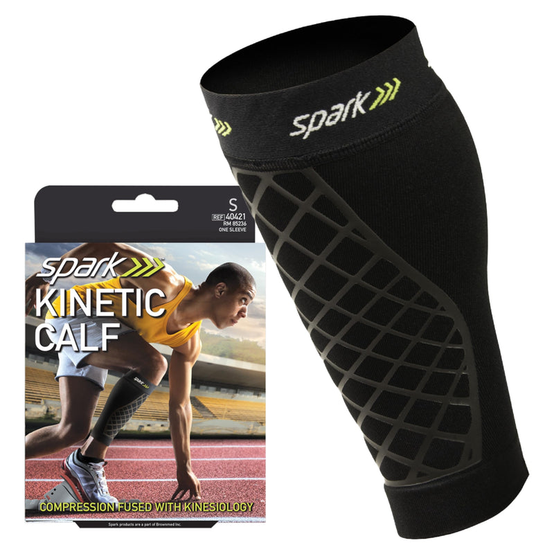 [Australia] - Spark Brownmed Kinetic Calf - Compression Calf Sleeve with Embedded Kinesiology Tape - Calf Brace for Running, Shin Splints & Cycling - Leg Compression Sleeve for Men & Women - Small 