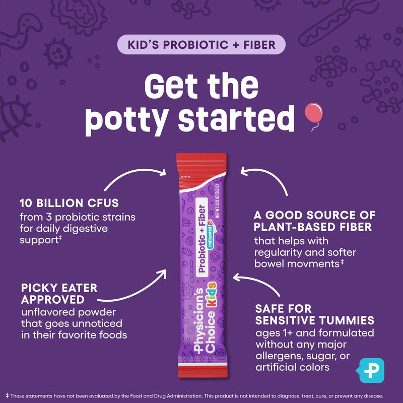 Physician's Choice Kids Probiotic + Prebiotic Fiber Packets (Ages 1+) - Supports Regularity, Occasional Constipation & A Healthy Digestive System - No Allergens or Preservatives - Unflavored - 24 Pack 24 Count (Pack of 1)