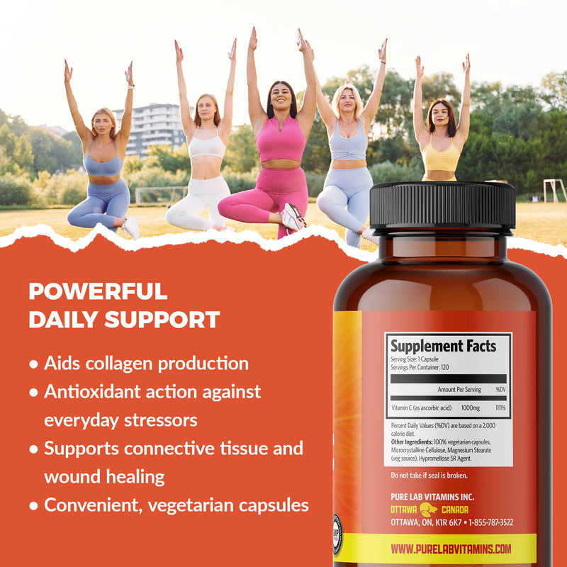Pure Lab Vitamins Slow Release Corn Free Vitamin C 1000 mg - 120 Vegi-caps | Corn free, slow release formula, Supports collagen formation, Immune support, Vegan, third-party tested