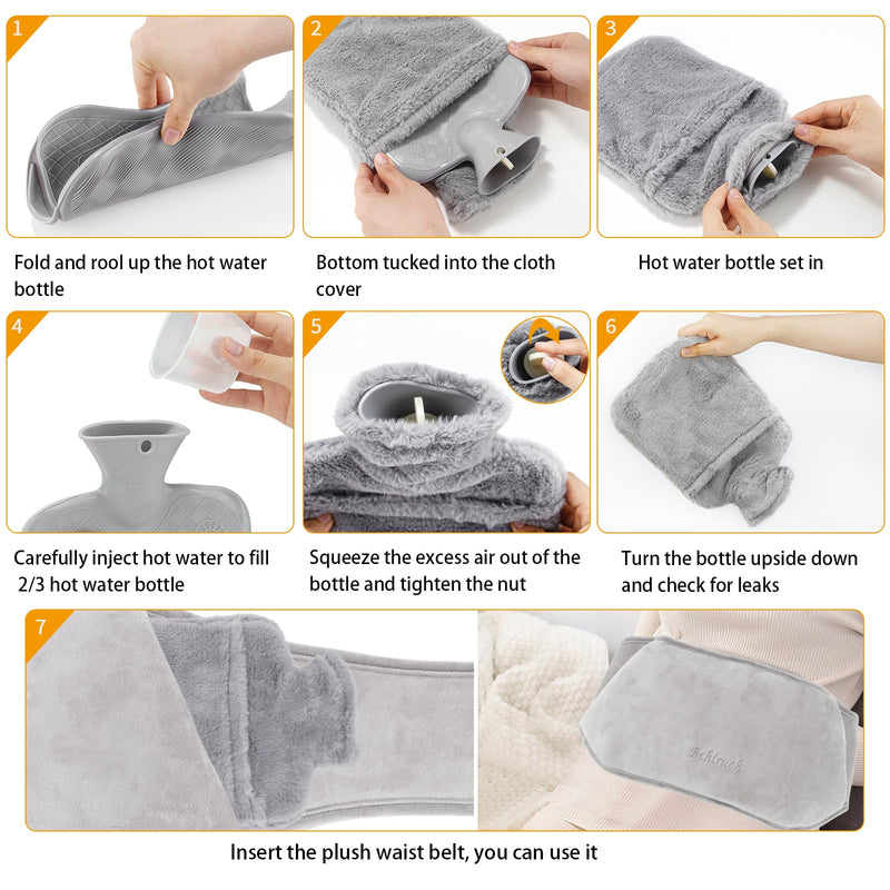 [Australia] - Behiruch Hot Water Bottle Belt, 1.2 L Hot Water Bottle with Cover and Soft Waist Cover, 3 in 1 Hot Water Bottle Belt Made of Rubber for Neck Shoulder Back Legs Waist Warming (Grey) 