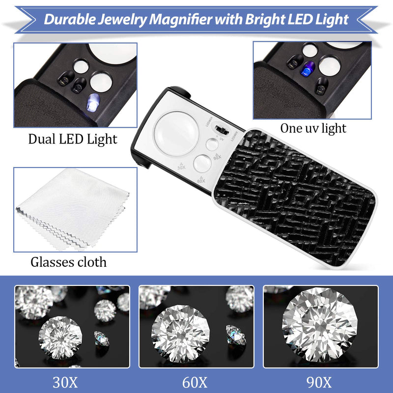 [Australia] - 2 Pieces Jewelers Magnifying Glass 30X 60X 90X Illuminated Eye Magnifier Jewelry Magnification Glass Loop with UV Black Light and Bright LED Light for Jewelry Diamond Gemstone Coin (Black) Black 