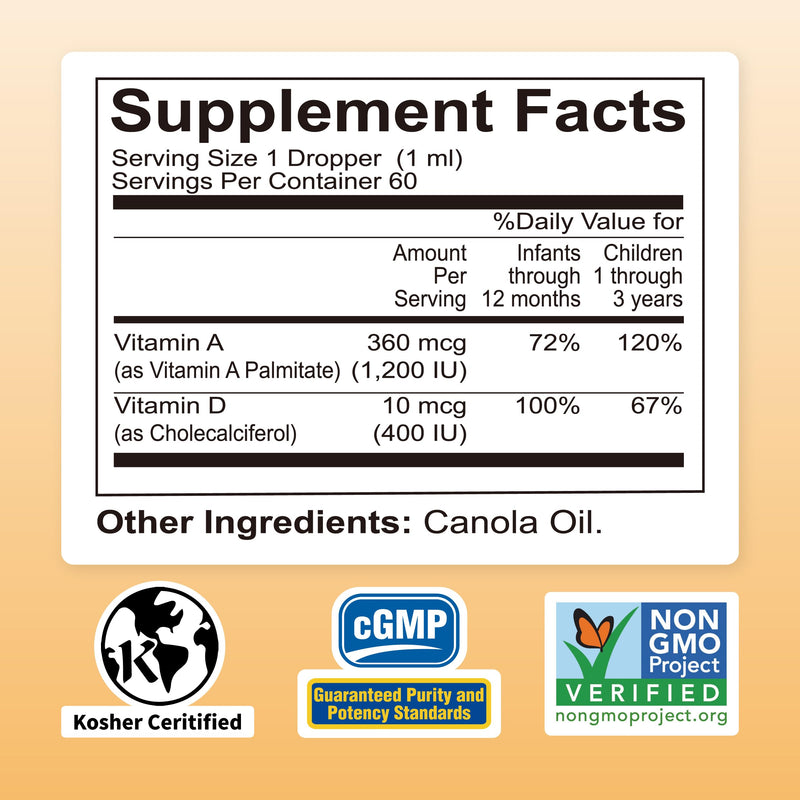 Nature's Nutra Vitamin A&D, Premium Liquid Vitamin A, Vitamin D for Baby, Infant, Kids and Children, Non-GMO, Kosher, 2 Fl Oz (60ml)