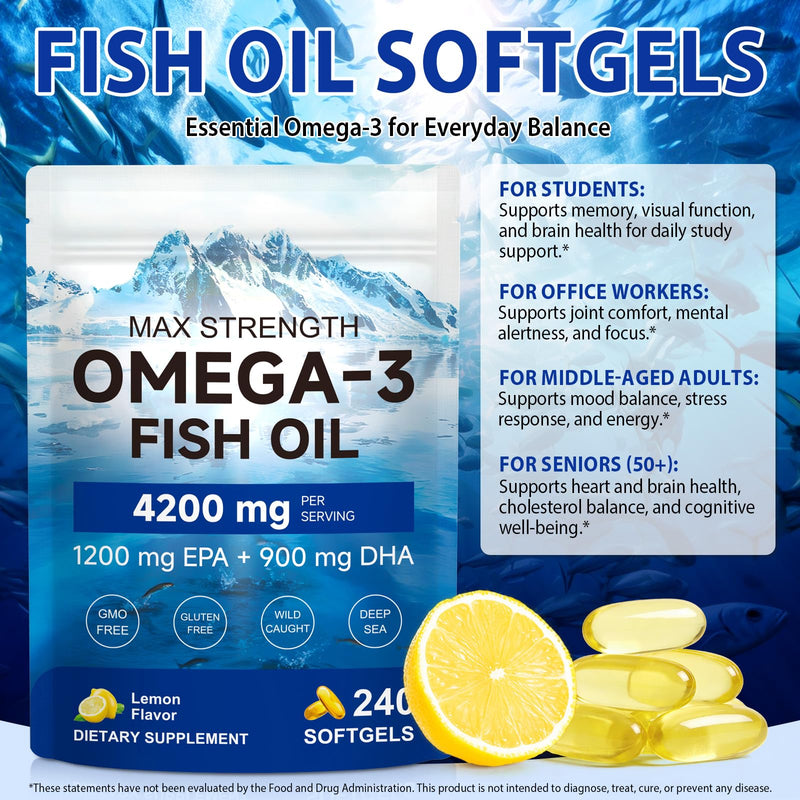 Max Strength Omega 3 Fish Oil - 4200mg per Serving, 240 Lemon Flavored Softgels | High Potency 1200mg EPA + 900mg DHA | Wild-Caught Norwegian Source | Enteric Coated, Burpless & Non-GMO