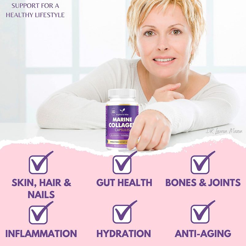High Strength Marine Collagen Tablets - Skin, Hair, Nails & Joints - Fortified with Hyaluronic Acid, Blueberry, Biotin, Vitamin C, E, B2, B7 & Minerals - 1400MG - Type 1 90 Capsules 90 count (Pack of 1)