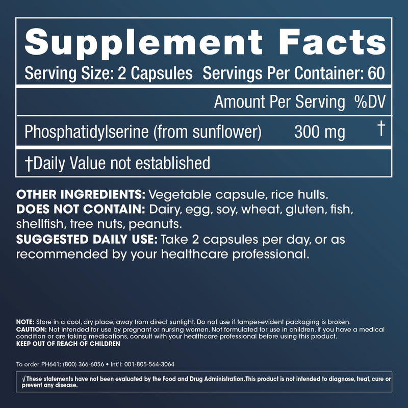 ProHealth Phosphatidylserine. Protects Cognition and Brain Health. Supports Healthy Nervous System Function. Enhances Athletic Performance and Recovery. 300 mg per 2 Cap. Serving, 120 Caps.