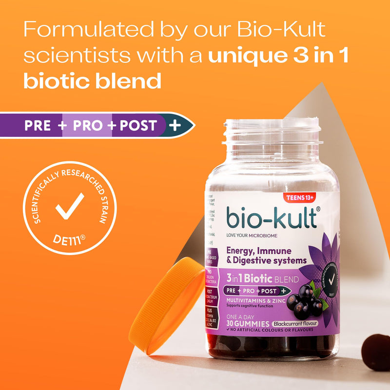 Bio-Kult 3in1 Gut Health Gummies for Teens | 2B CFU + Multivitamins | Blackcurrant Flavour | Ages 13+ | 30 Probiotic Gummies One Size