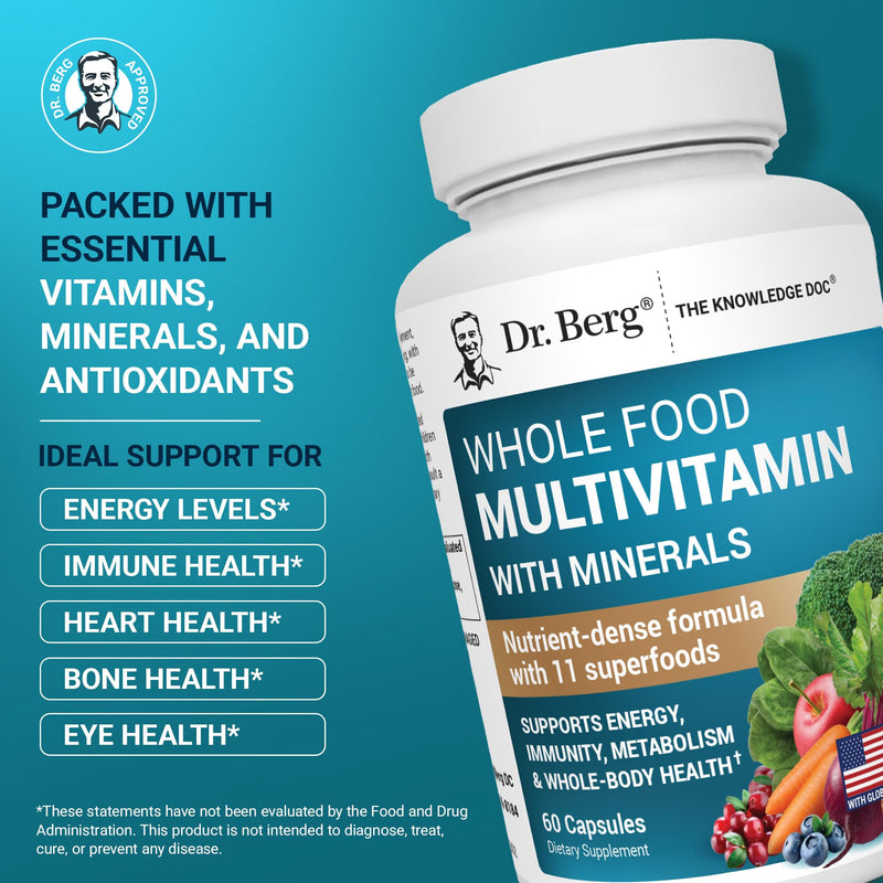 Dr. Berg Whole Food Multivitamin with Minerals - Daily Multivitamin for Men and Women - Includes Premium Whole Food Fruits and Vegetable Blend with Folate, Alpha-lipoic Acid and More - 60 Capsules Multivitamin & Mineral Support