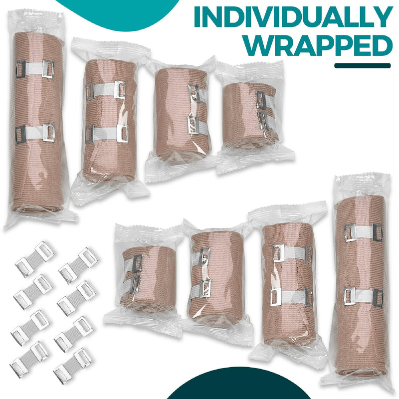 MEDca Elastic Compression Bandage Wrap - First Aid Bandages Roll Measures 2", 3", 4", 6" x 5 Ft with 4 Extra Hooks - Athletic Sports Stretch Wraps for Ankle, Wrist, Arm & Leg Sprains (Pack of 8) 2, 3, 4, 6 Inch (2 Each)