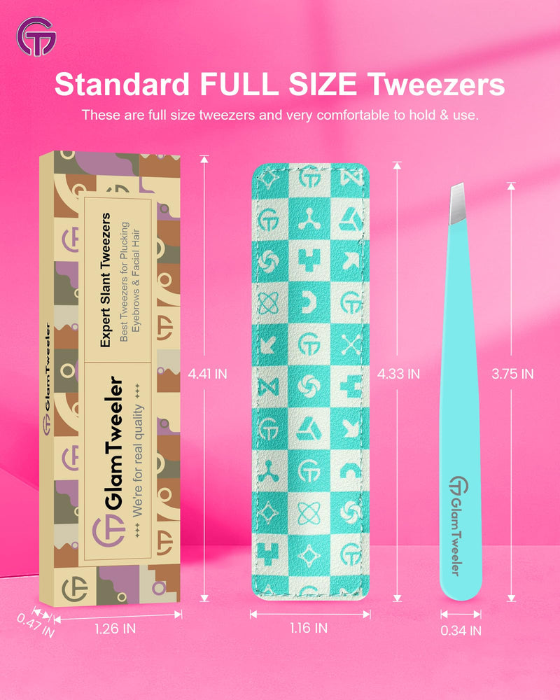 Expert Eyebrow Hair Removal Tweezer with Leather Case, GlamTweeler High Precision Slant Tip Stainless Steel Tweezers for Men and Women (Robin's Egg Blue) Robin's Egg Blue