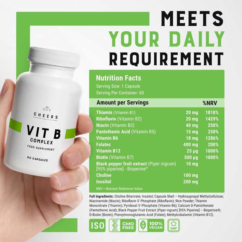 CHEERS Vitamin B Complex Supplement 415mg | High Absorption Vegan B Complex for Brain, Nerve & Immune Support | Complete B Vitamins with B1, B2, B3, B6, B12 | Non-GMO, DRcaps® Plus | 60 Capsules