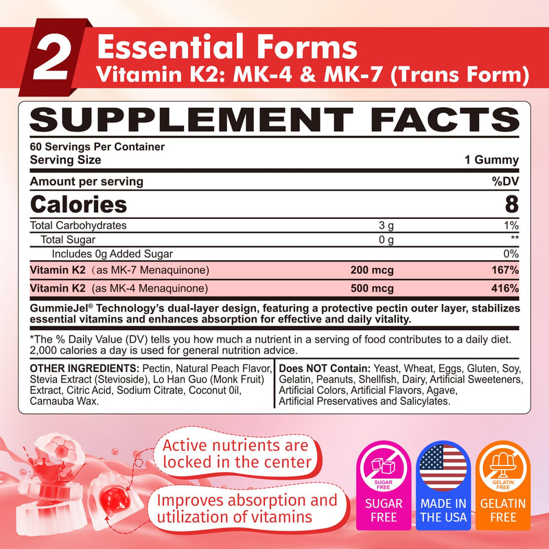 Vitamin K2 Gummies MK-7 200 mcg & MK-4 500 mcg for Women & Men Sugar Free, Perfect 2-IN-1 Full Spectrum Vitamin K2 Supplement for Bone, He-art, Promotes Calcium Absorption, Brain, Teeth, Immune,1Pack 60 Count (Pack of 1)
