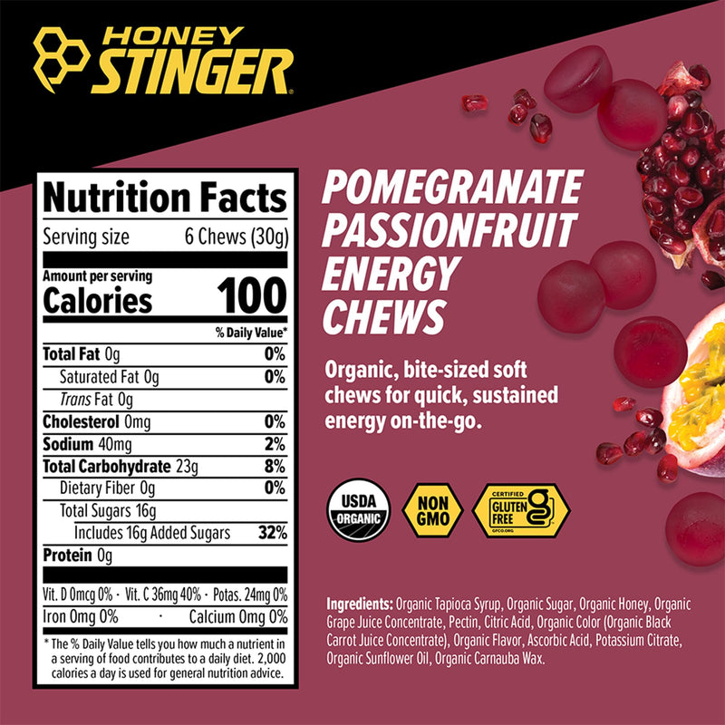 Honey Stinger Organic Pomegranate Passionfruit Energy Chew, Gluten Free & Caffeine Free, for Exercise, Running and Performance, Sports Nutrition for Home & Gym, Pre and Mid Workout, 12 Pack 12 Count