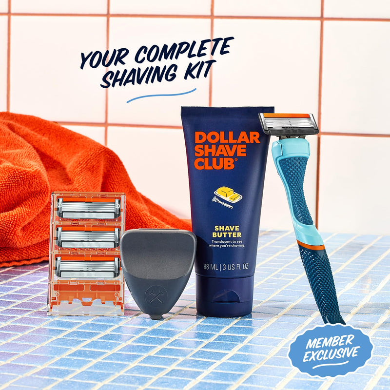 [Australia] - Dollar Shave Club | The Member Exclusive Shave Set | 4 Extra Close Refill Cartridges, 1 Handle (Blue), 1 Shave Butter 3 ounce, 1 Razor Cover, Razors for Men 1 Count (Pack of 1) Blue 