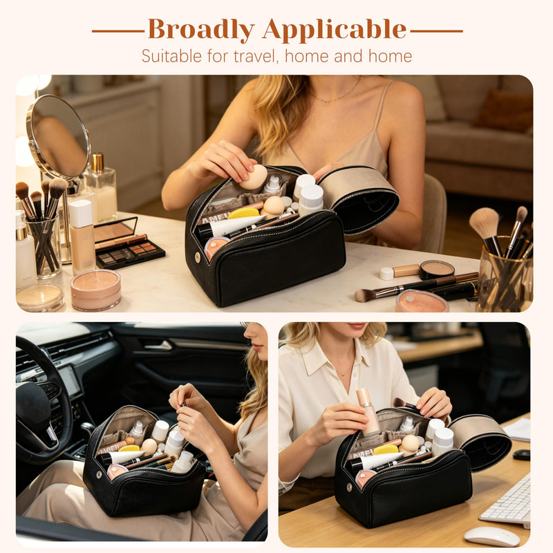 DORIS&JACKY Genuine Leather Toiletry Bag for Women and Men, Large Travel Handmade Makeup Case and Cosmetic Accessories Organizer Zipper Pouch with Carry Handle (1-Black) 1-Black