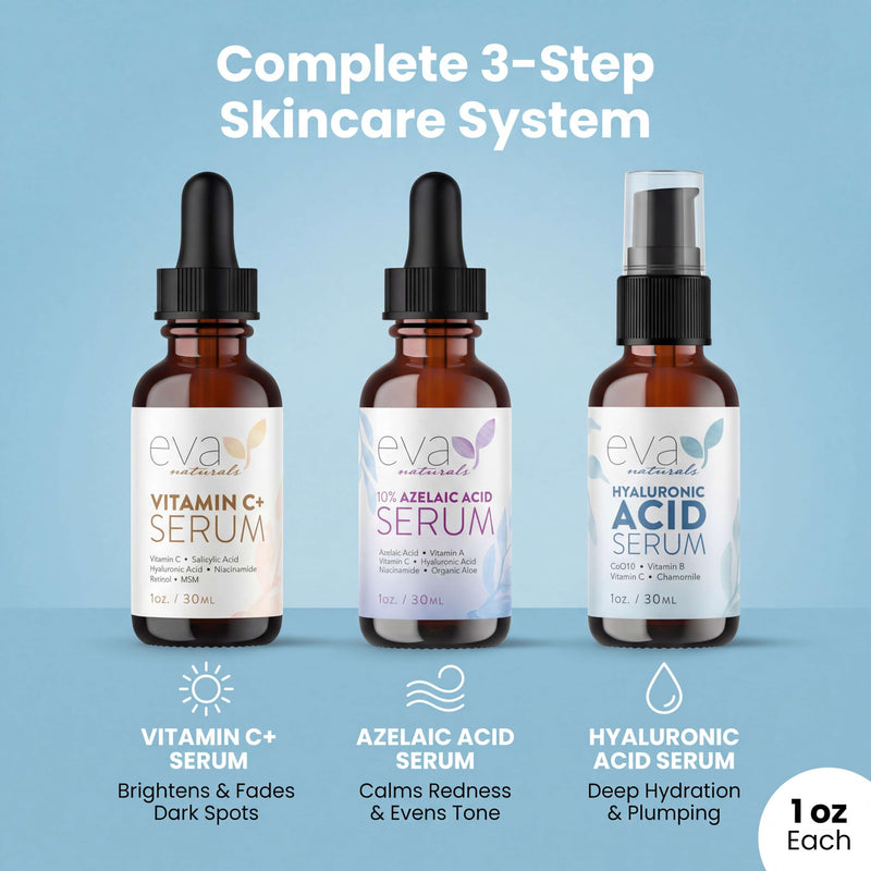 Eva Naturals Serum Trio – Vitamin C+, Hyaluronic Acid & Azelaic Acid, Acne | 3-piece set, anti-aging, dark spots, fine lines, redness, hydrating, radiant skin 1 Fl Oz (Bundle of 3)
