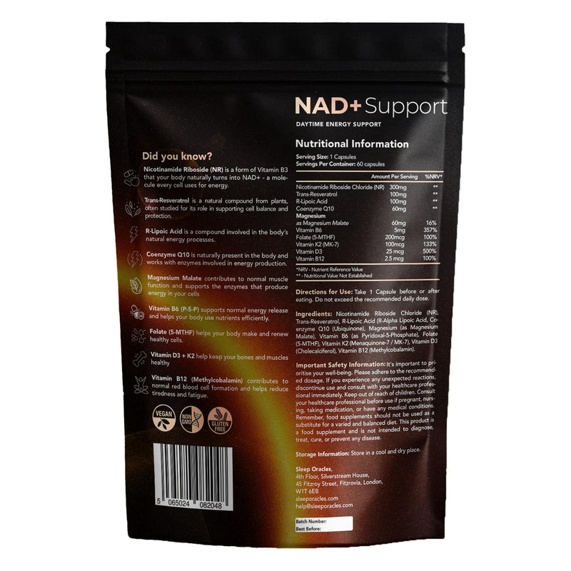 Sleep Oracles NAD+ Nicotinamide Riboside Chloride Daytime Energy & Cellular Health Support with Trans Resveratrol | NAD Supplements for Reduction of Tiredness & Fatigue | 60 Capsules