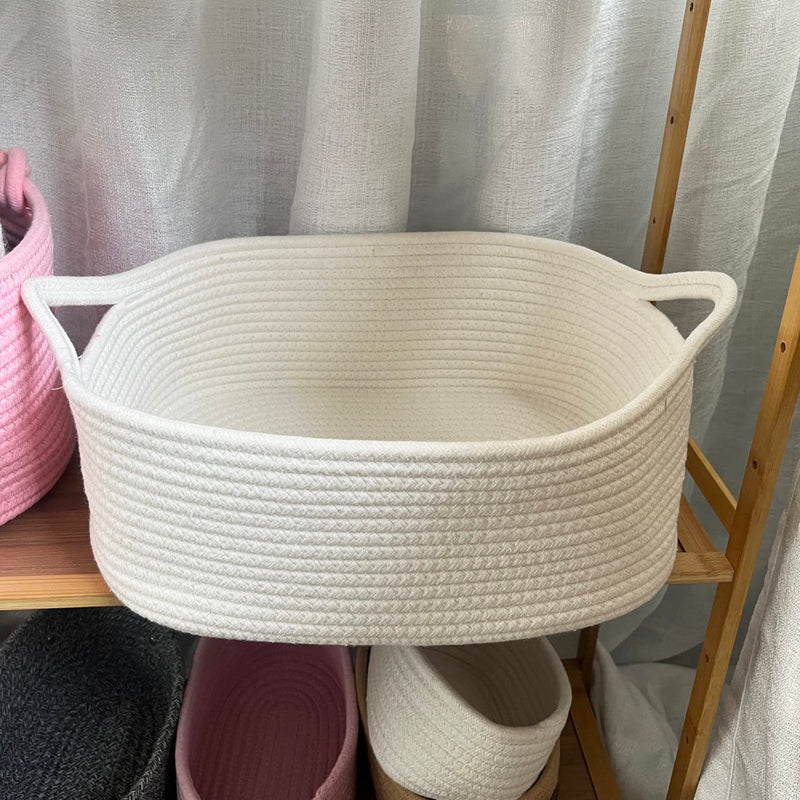 [Australia] - ABenkle Rope Basket, Small Storage Gift Basket, Rectangle Under Shelf Basket, Decorative Boho White Rope Woven Basket with Handle for Baby Dog Toy Egg Fruit Snack Towel Easter 