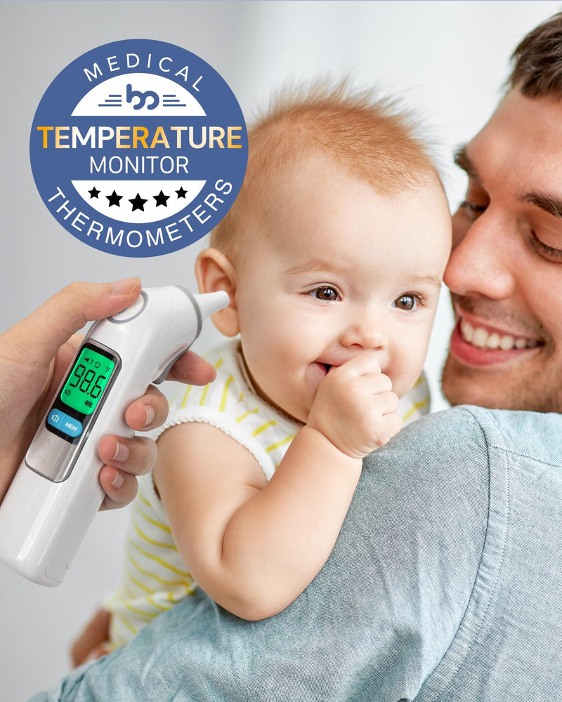 [Australia] - Ear Thermometer, Highly Accurate Ear Thermometer for Kids, Adults and Babies, 30 Memory Recall, 1s Result and 3-Color Fever Alert, with 24 Disposable Probe Covers, White LCD-White 