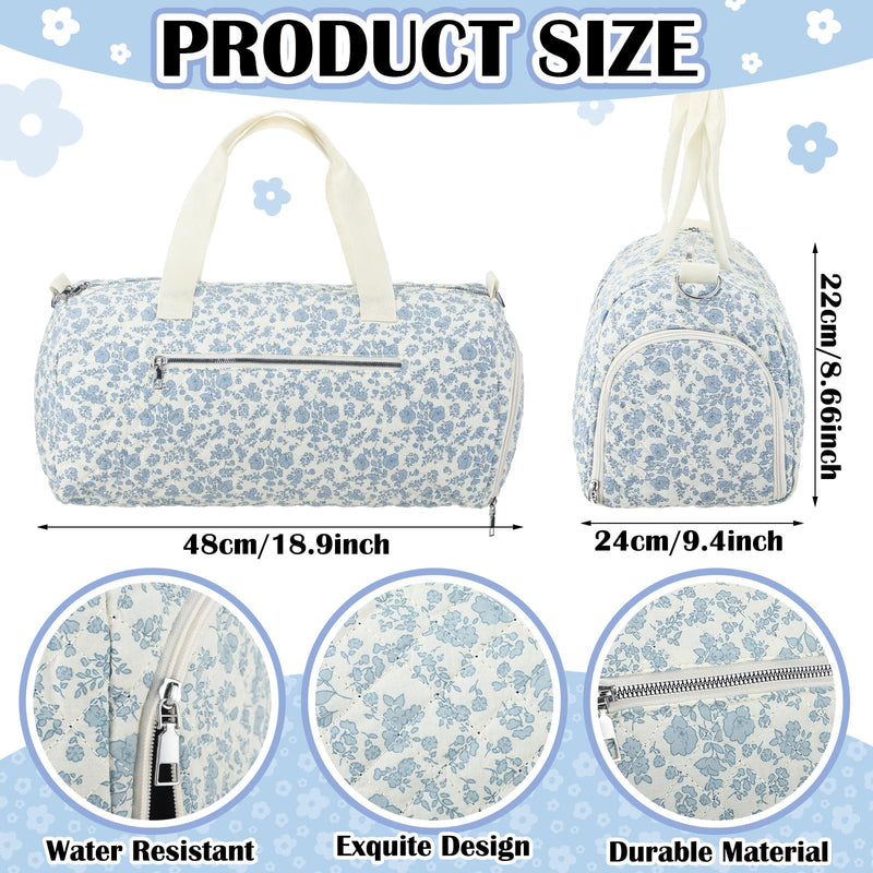 Dansydaisy Blue Floral Quilted Duffle Bag for Women Cotton Large Floral Travel Duffle Dance Bag with Adjustable Carry Strap and Handy Pouch Backpack for Dancers Travel