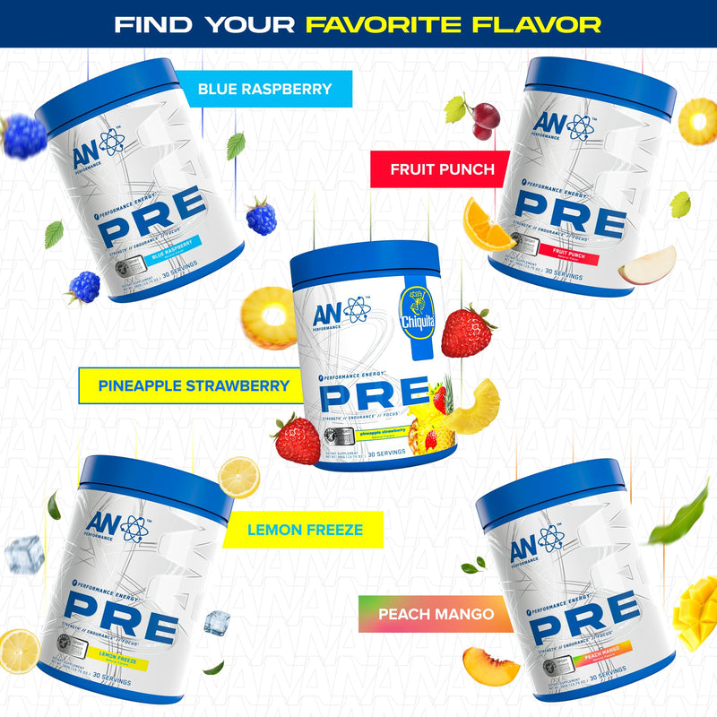 AN Performance Pre-Workout Powder Supplement for Men & Women | Energy Drink Mix with 300mg Caffeine + Beta Alanine + Citrulline | Third-Party Tested | Strawberry Pineapple | 30 Servings Chiquita Strawberry Pineapple (With Caffeine)