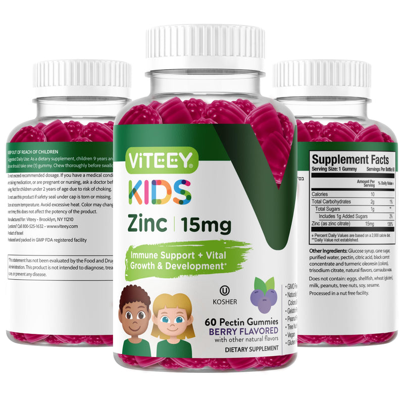 Viteey Zinc for Kids Gummies - 15mg - Tasty Chewable Berry Flavor Gummy | Immune Support - Powerful Natural Antioxidant, Kids Zinc Vitamin Supplement - Vegan, Gelatin Free, Gluten Free - 60 Count 60 Count (Pack of 1)