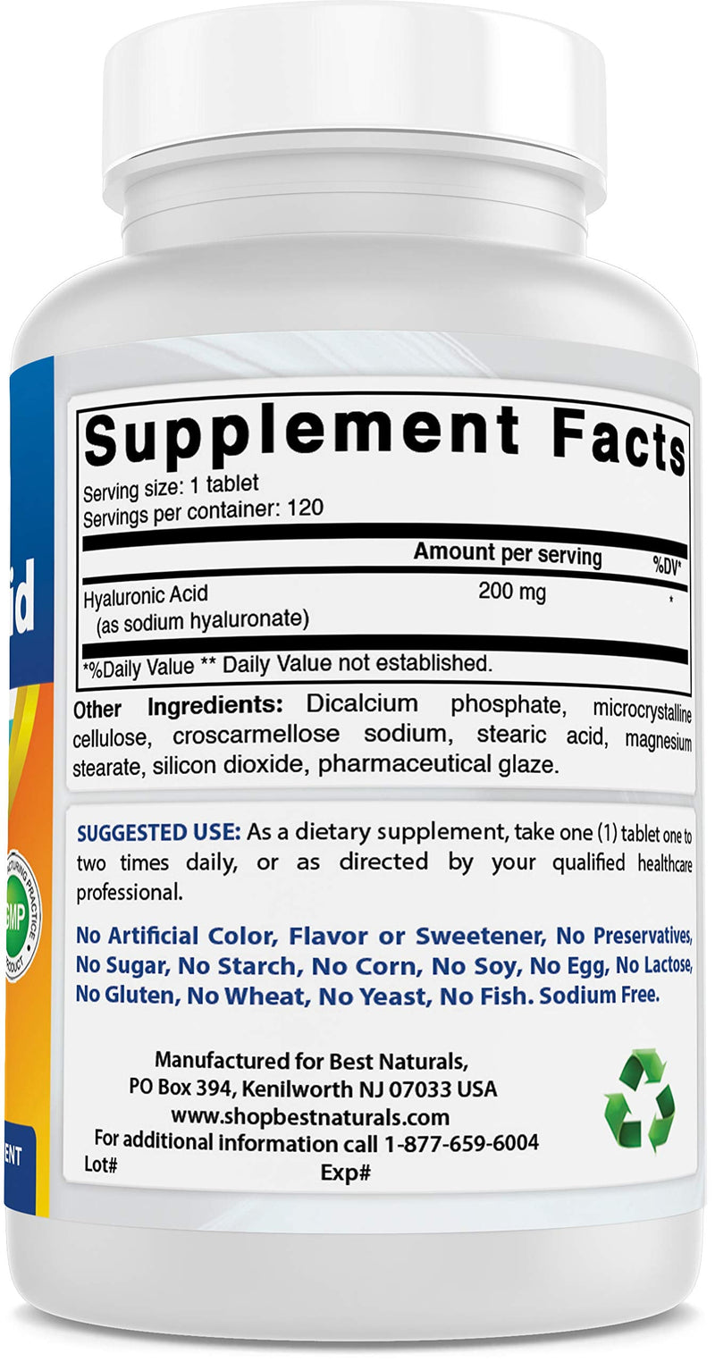 [Australia] - Best Naturals Hyaluronic Acid 200 mg 120 Tablets (Non-GMO, Gluten Free) - Promotes Youthful Healthy Skin & Healthy Joint Function (120 Count (Pack of 1)) 120 Count (Pack of 1) 