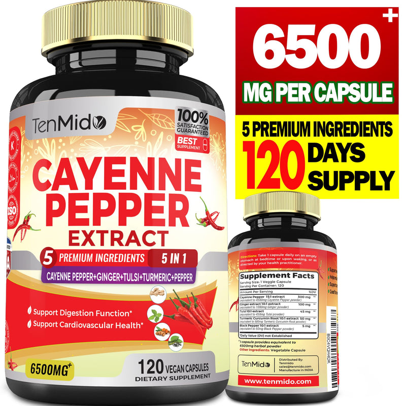 [Australia] - Cayenne Pepper Extract Capsules 6500mg, 4 Months Supply with Ginger, Turmeric Curcumin, Tulsi, Black Pepper - Supports Immune System, Promotes Digestive System Function - 120 Vegan Capsules 