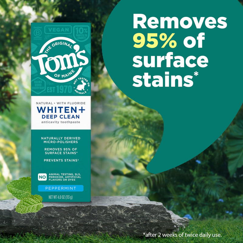 Tom's of Maine Whiten Plus Deep Clean Whitening Toothpaste, Natural Whitening Toothpaste with Plant-Based Cleansers, Enamel Safe, Whitens Without Causing Sensitivity, Peppermint, 4.0 oz (Pack of 3) Peppermint - Fluoride 4 Ounce (Pack of 3)