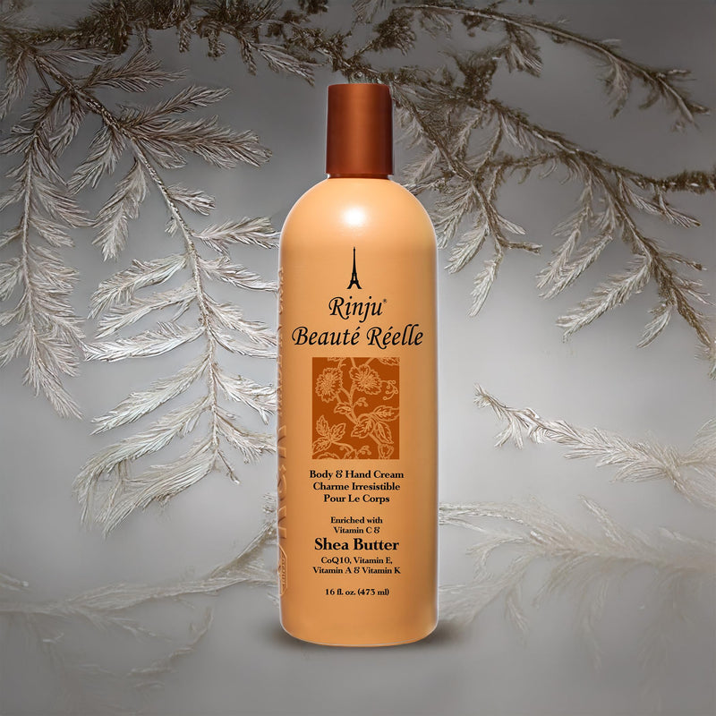 Rinju Beauté Réelle Body & Hand Cream - Non-Greasy Cream for Women & Men - 16 Oz Shea Butter Cream for Extremely Dry Skin - CoQ10, Vitamin E, A & K Moisturizer - Soothes, Caressed and Pampers Skin