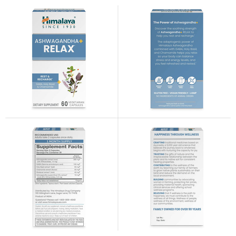[Australia] - Himalaya Ashwagandha+ Relax, with GABA, Holy Basil & Chamomile for Reset, Relaxation & Stress Relief, Vegan, Gluten Free, 540 mg, 60 Vegetarian Capsules, 1 Month Supply 