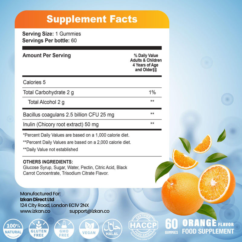 Probiotic Gummies with Prebiotics – 60 Orange Flavour Gummies – Bacillus Coagulans 2.5 Billion CFU & Inulin – Daily Gut Health & Immune Support for Kids Vegan, Non-GMO, Gluten Free (Orange)