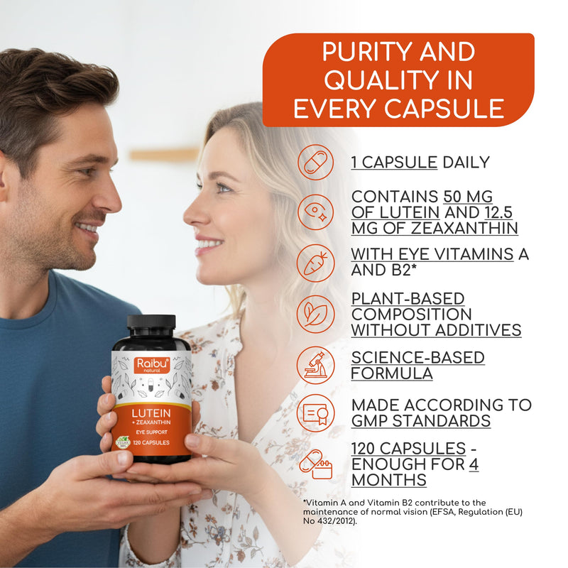 Lutein and Zeaxanthin Supplement - 4 Month Supply - 50mg Lutein with 12.5mg Zeaxanthin, Eye Vitamins A & B2 - Vegan Eye Support Formula - 120 Capsules, 1 Capsule Daily