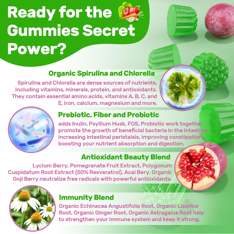 [Australia] - Super Greens Gummies, Greens Superfood Powder Alternative w/Spirulina, Chlorella, Prebiotic Fiber, Probiotic, Fruit Veggie, Daily Fruit Vegetable for Digestive & Gut Health, Immunity, Focus, 120 Cts 60 Count (Pack of 2) 