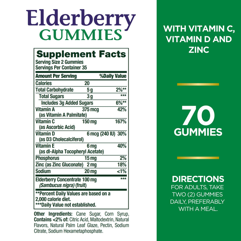 [Australia] - Nature's Bounty Elderberry Gummies, Dietary Supplement, Supports Immune Health, Contains Vitamin A, C, D, E and Zinc, 100 mg, 70 Gummies 70 Count (Pack of 1) 