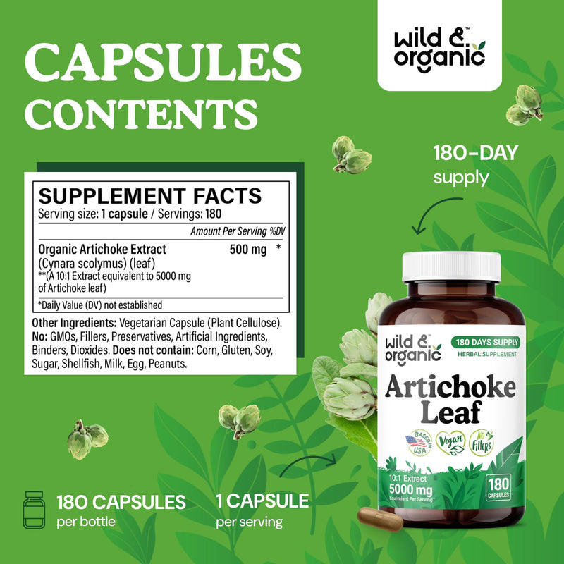 [Australia] - Wild & Organic Artichoke Extract Capsules 500 mg - Liver & Digestive Support - Artichoke Supplement - Cynara Scolymus Leaf Powder - Vegan, No Fillers, Non-GMO - 180 Count 