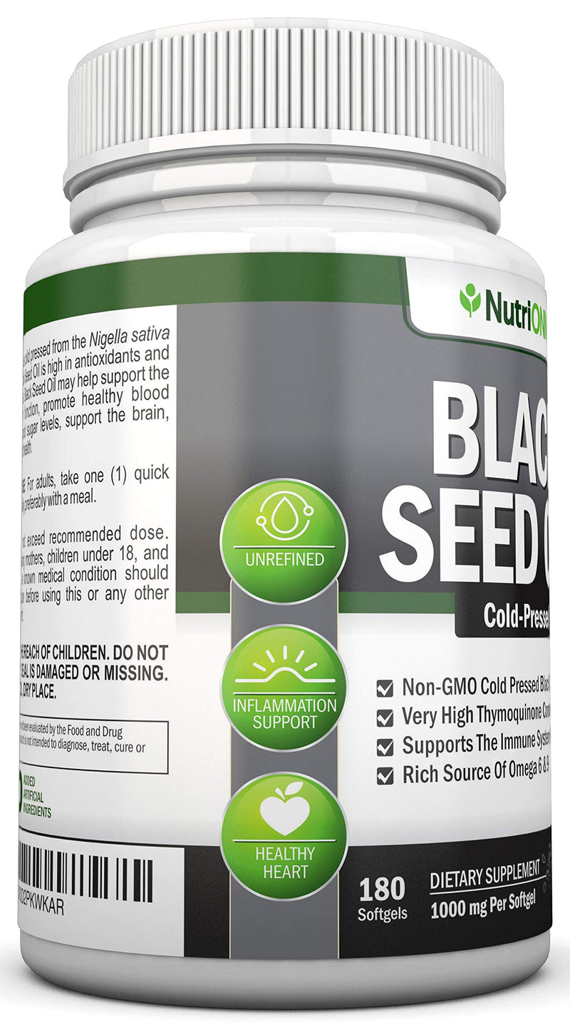 [Australia] - Black Seed Oil - 1000 Mg - 180 Softgels - Cold-Pressed Non-GMO Black Cumin Seed Capsules - Super High Thymoquinone Content - Nigella Sativa - Rich in Omega 6 & 9 Fatty Acids - Immune & Joint Support 
