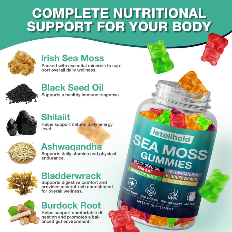 Sea Moss Gummies - Irish Sea Moss Gummies Advanced for Adults with Ashwagandha Bladderwrack & Burdock Root for Supports Immune，Energy - 60 Vegan Gummy,2PCS 60 Count (Pack of 2)