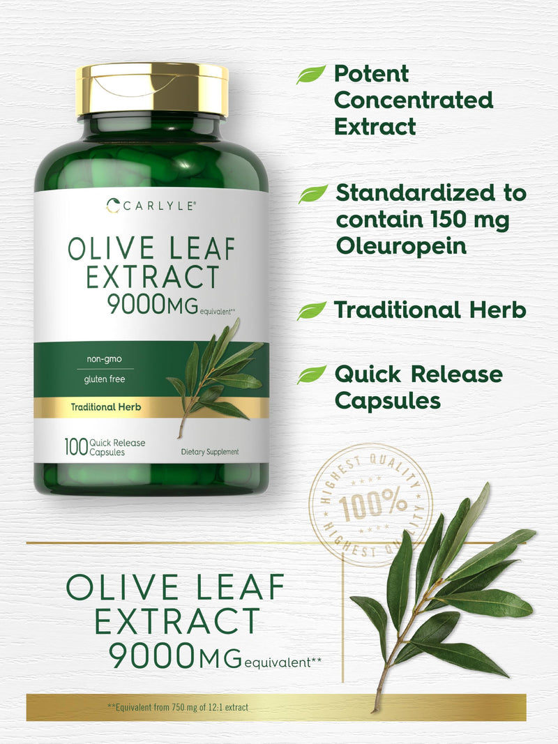 Carlyle Olive Leaf Extract Capsules | 9000mg | 100 Count | Non-GMO, Gluten Free | High Potency Supplement 100 Count (Pack of 1)