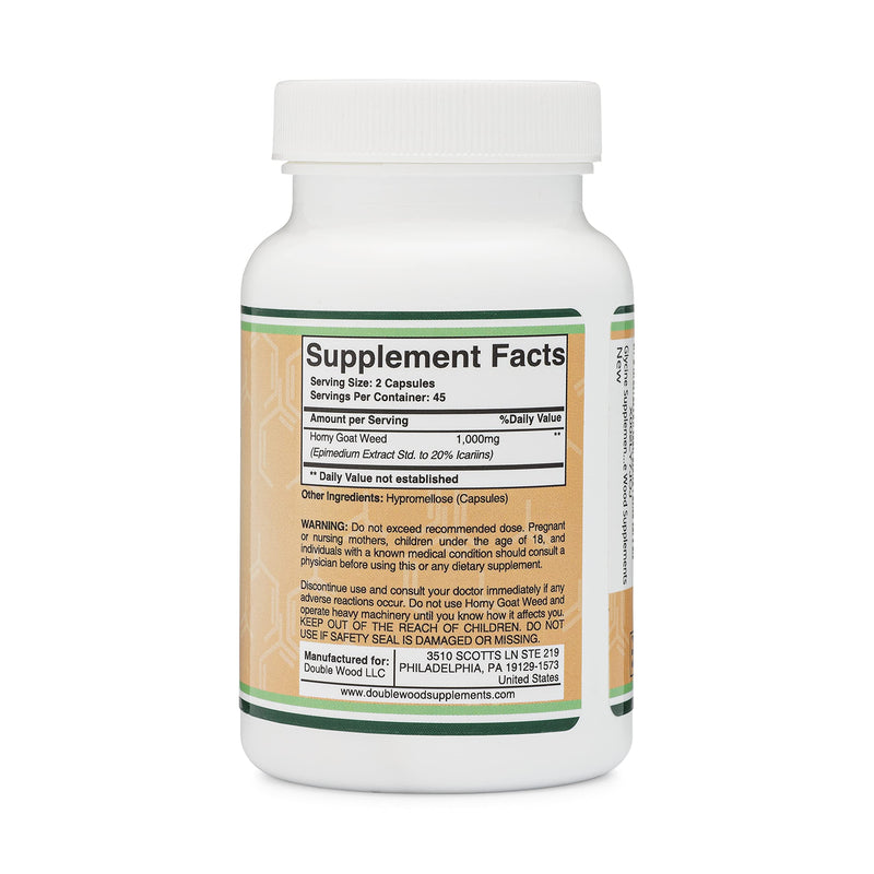 [Australia] - Horny Goat Weed for Men and Women - No Fillers (Max Strength Epimedium Std. to 20% Icariins) 1,000mg per Serving, 90 Capsules (Male Enhancing Supplement) by Double Wood 