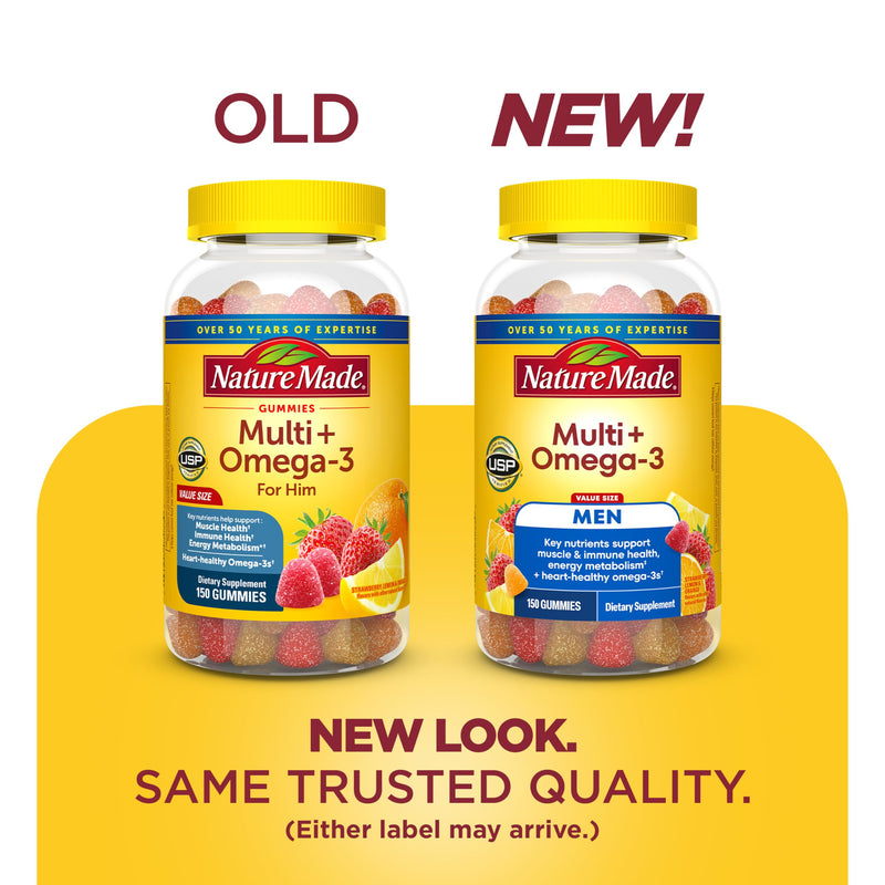 Nature Made Mens Multivitamin Gummies with Omega-3, 150 Count | Vitamins and Minerals Gummy with Omega-3, Mens Gummy Multivitamins for Daily Nutritional Support, 75 Day Supply Strawberry, Lemon & Orange 150 Count (Pack of 1)