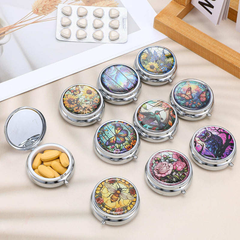Molain 10Pcs Pill Organizer, Pill Box with Mirror, Portable Small Pill Case for Purse or Pocket, Cute Metal Pill Holder for Travel, Vitamins, Medication, Supplements 10 Pieces