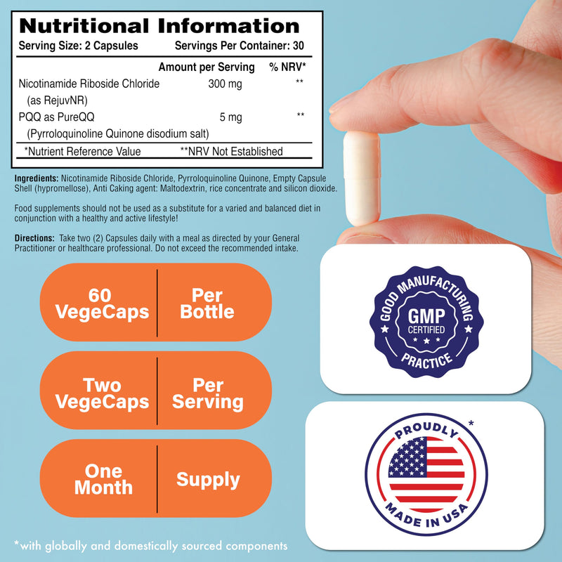 NR with PQQ | 300mg Nicotinamide Riboside + 20mg PQQ | Mitochondria Maximizer | Non-GMO | Pack of 60