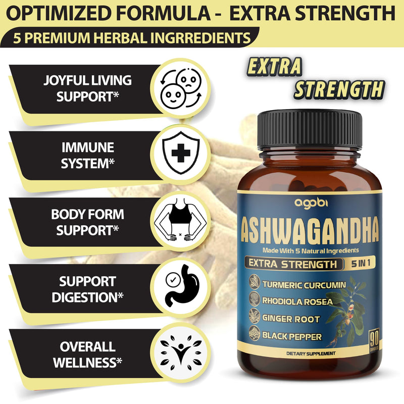 [Australia] - Ashwagandha Extract Capsule - Great Strength - 5in1 Blended Ginger, Turmeric, Rhodiola Rosea & Black Pepper - 90 Capsules for 3 Months - Strength, Spirit & Immune Support 