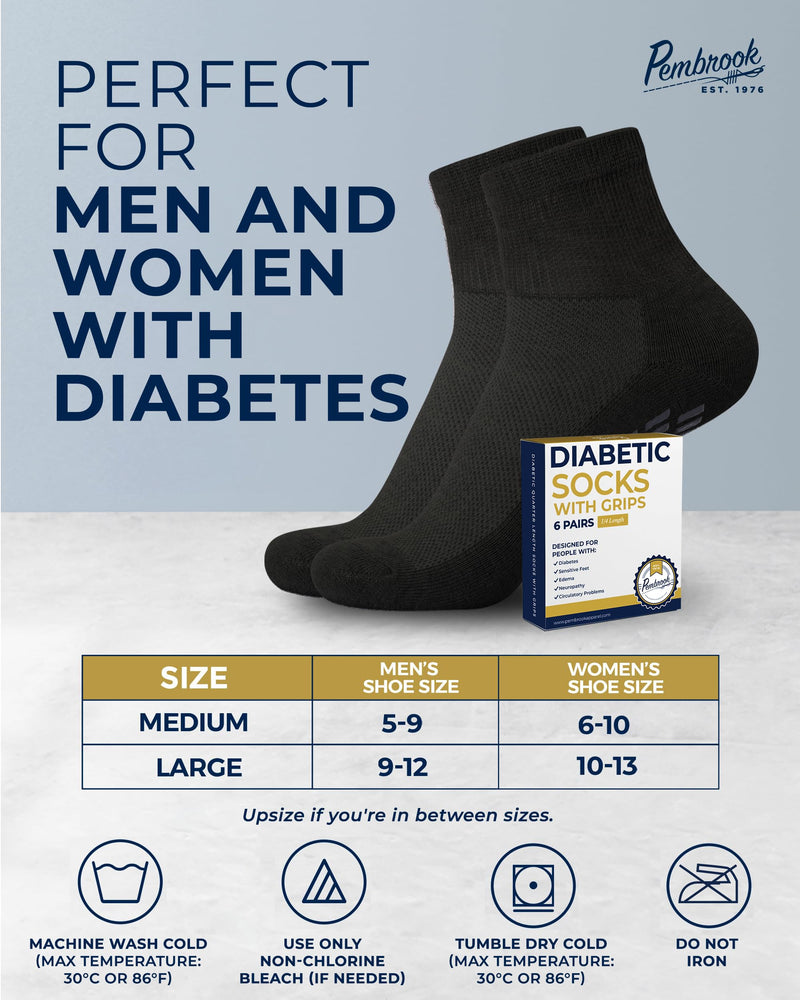 [Australia] - Pembrook 6 Pairs Diabetic Ankle Socks for Men & Women with Grips - 12 Colors Neuropathy Socks for Men | Non Slip Edema Socks Large 2 Black, 2 Grey, 2 White 